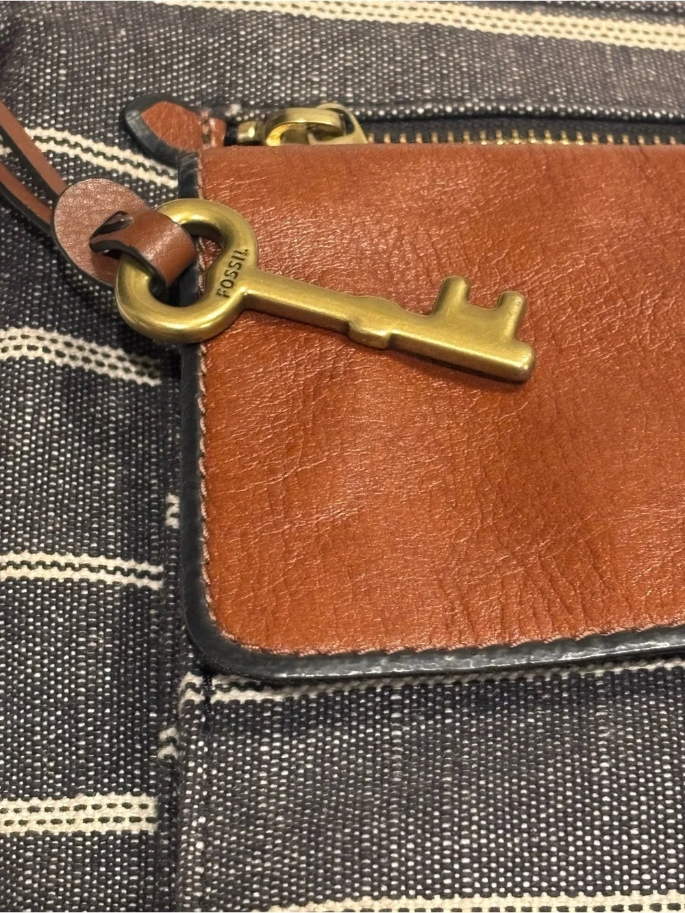Fossil Kinley Crossbody Bag | Striped Canvas & Brown Leather Shoulder Purse